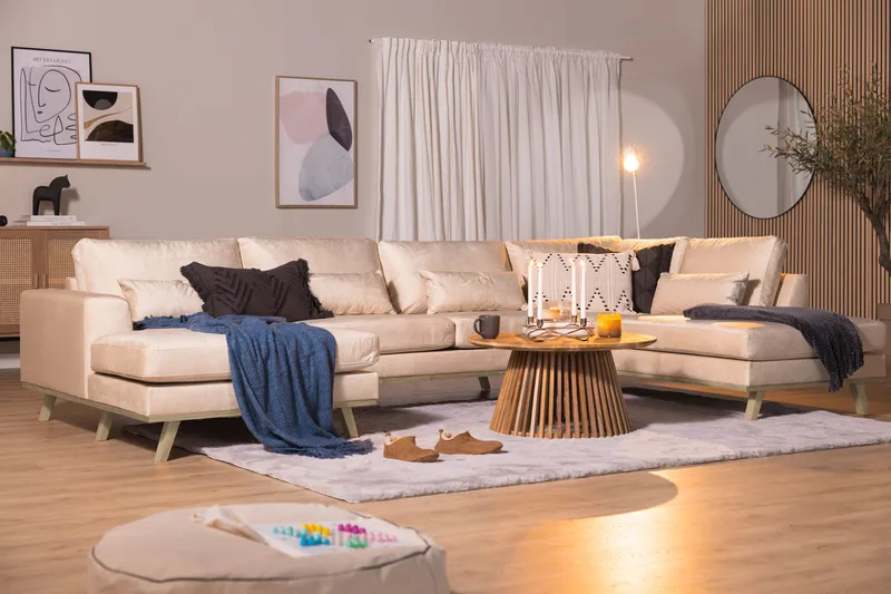 Copenhagen 5-istuttava Oikeakätinen U-muotoinen Sohva Divaanilla ja Divaanituolilla Sametilla - Beige - Huonekalut - Sohva - U-Sohva