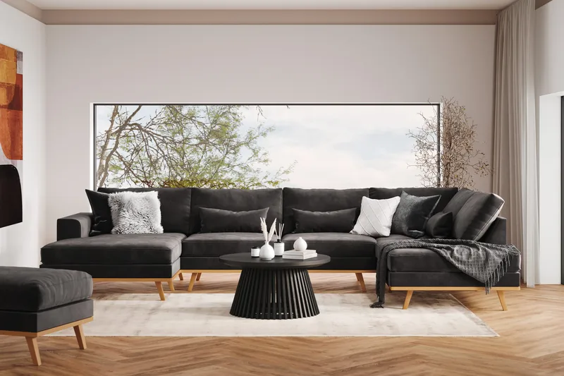 Copenhagen 5-istuttava Oikeakätinen U-muotoinen Sohva Divaanilla ja Divaanituolilla Sametilla - Tummanharmaa - Huonekalut - Sohva - U-Sohva