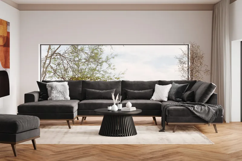 Copenhagen 5-istuttava Oikeakätinen U-muotoinen Sohva Divaanilla ja Divaanituolilla Sametilla - Tummanharmaa - Huonekalut - Sohva - U-Sohva