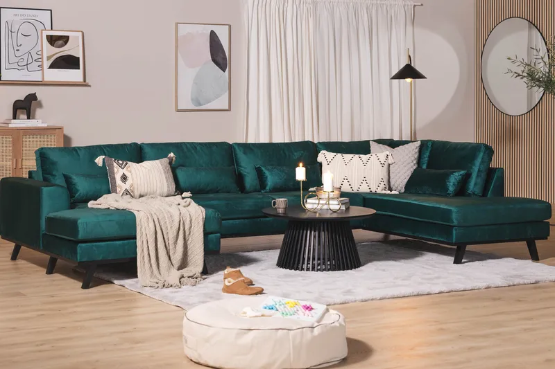 Copenhagen 5-istuttava Oikeakätinen U-muotoinen Sohva Divaanilla ja Divaanituolilla Sametilla - Vihreä - Huonekalut - Sohva - U-Sohva