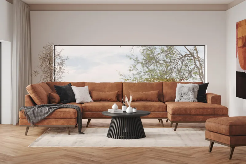 Copenhagen 5-istuttava Vasenkätinen U-muotoinen Sohva Divaanilla ja Divaanituolilla Keinonahkalla - Ruskea - Huonekalut - Sohva - U-Sohva