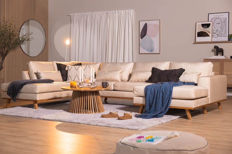 Copenhagen 5-istuttava Vasenkätinen U-muotoinen Sohva Divaanilla ja Divaanituolilla Sametilla - Beige - Huonekalut - Sohva - U-Sohva