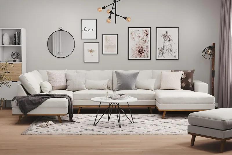 Copenhagen 5-istuttava Vasenkätinen U-muotoinen Sohva Divaanilla ja Schäslongilla Kankaalla - Vaaleanharmaa - Huonekalut - Sohva - U-Sohva