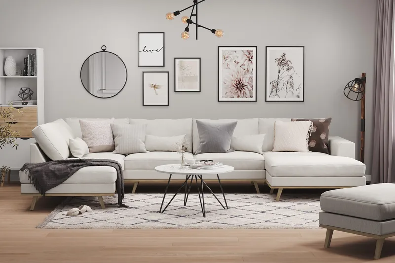 Copenhagen 5-istuttava Vasenkätinen U-muotoinen Sohva Divaanilla ja Schäslongilla Kankaalla - Vaaleanharmaa - Huonekalut - Sohva - U-Sohva