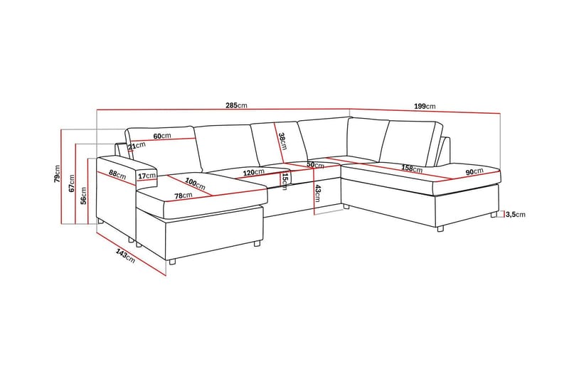 Crazy 4-istuttava Oikeakätinen U-muotoinen Large Sohva Divaanilla ja Divaanituolilla Kankaalla - Antrasiitti - Huonekalut - Sohva - U-Sohva