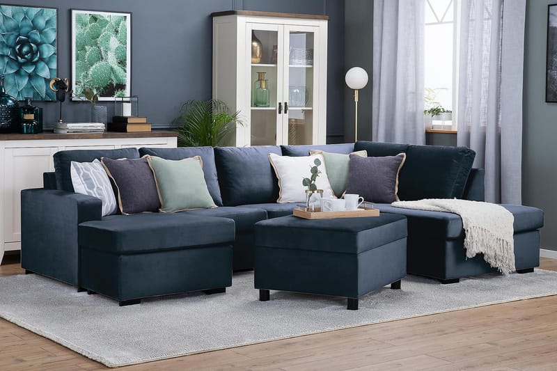 Crazy 4-istuttava Oikeakätinen U-muotoinen Large Sohva Divaanilla ja Divaanituolilla Sametilla - Sininen - Huonekalut - Sohva - U-Sohva