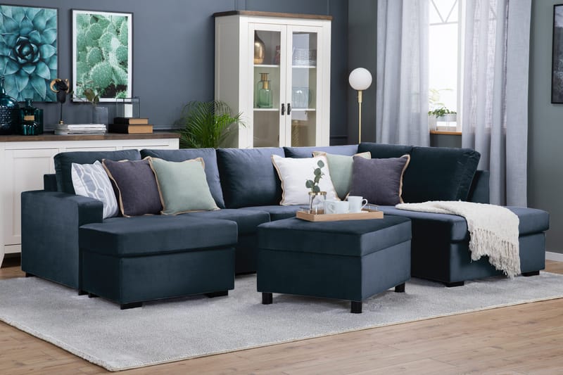 Crazy 4-istuttava Oikeakätinen U-muotoinen Large Sohva Divaanilla ja Divaanituolilla Sametilla - Sininen - Huonekalut - Sohva - U-Sohva