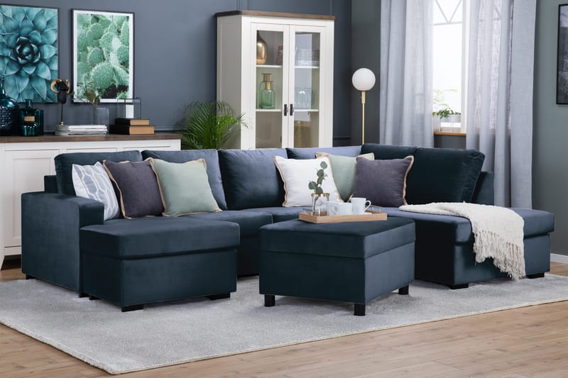 Crazy 4-istuttava Oikeakätinen U-muotoinen Large Sohva Divaanilla ja Divaanituolilla Sametilla - Sininen - Huonekalut - Sohva - U-Sohva