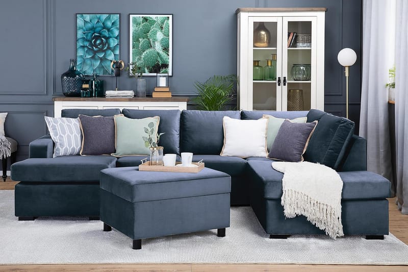 Crazy 4-istuttava Oikeakätinen U-muotoinen Large Sohva Divaanilla ja Divaanituolilla Sametilla - Sininen - Huonekalut - Sohva - U-Sohva