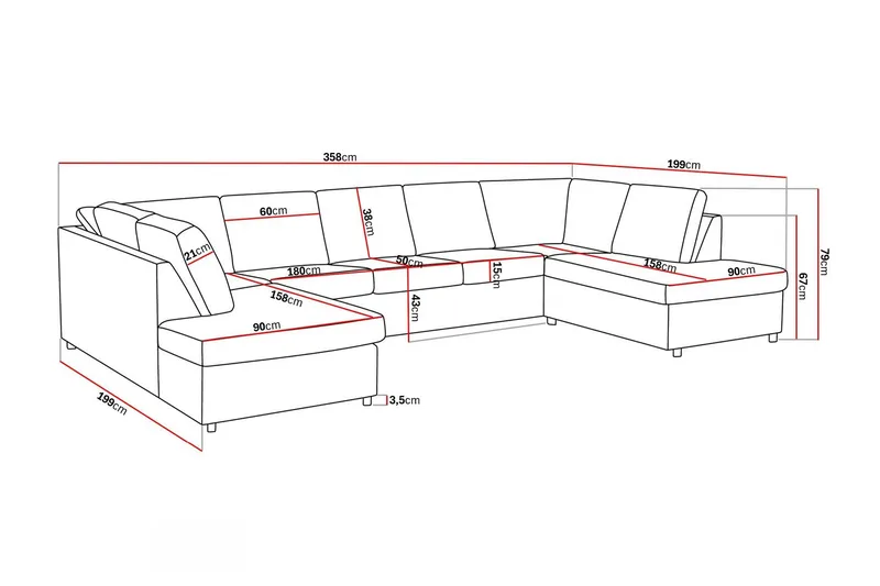 Crazy 5-istuttava U-muotoinen Sohva Kaksoisdivaanilla Kankaalla - Antrasiitti - Huonekalut - Sohva - U-Sohva