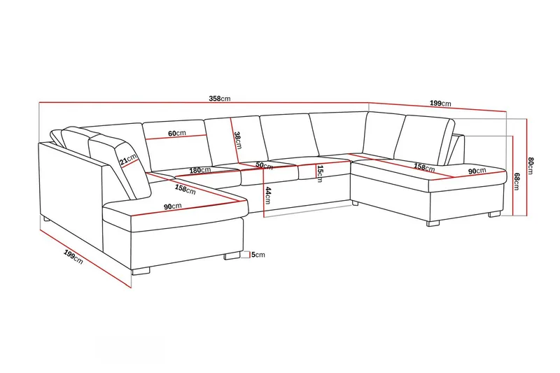 Crazy 5-istuttava U-muotoinen Sohva Kaksoisdivaanilla Keinonahkalla - Musta - Huonekalut - Sohva - U-Sohva