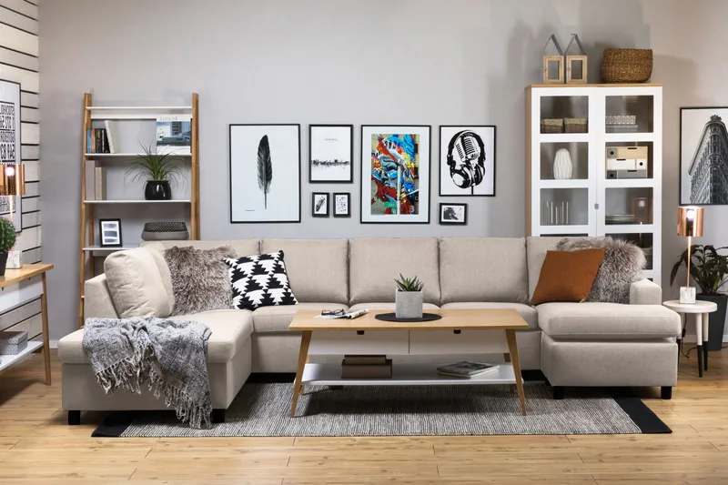 Crazy 5-istuttava Vasenkätinen U-muotoinen X-Large Sohva Divaanilla ja Divaanituolilla Kankaalla - Beige - Huonekalut - Sohva - U-Sohva