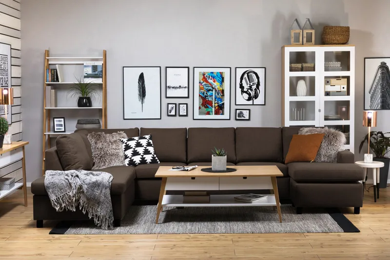 Crazy 5-istuttava Vasenkätinen U-muotoinen X-Large Sohva Divaanilla ja Divaanituolilla Kankaalla - Ruskea - Huonekalut - Sohva - U-Sohva