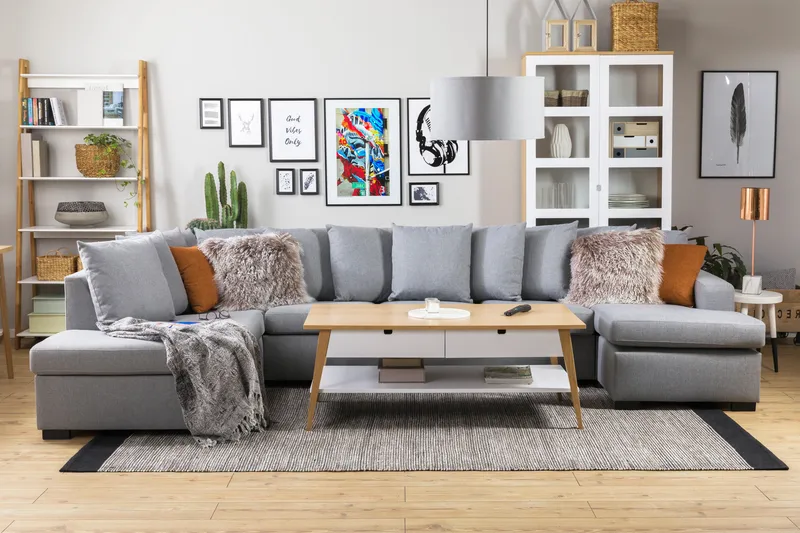 Crazy 5-istuttava Vasenkätinen U-muotoinen X-Large Sohva Divaanilla ja Schäslongilla Kankaalla sis. Kuorityynyt - Harmaa - Huonekalut - Sohva - U-Sohva