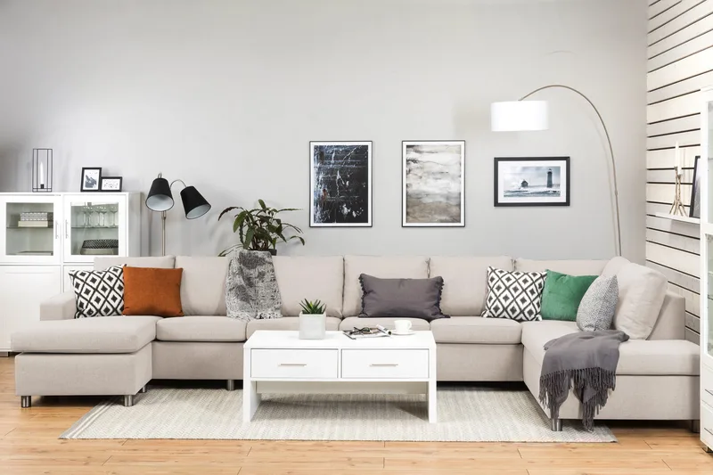 Crazy 6-istuttava Oikeakätinen U-muotoinen XX-Large Sohva Divaanilla ja Divaanituolilla Kankaalla - Beige - Huonekalut - Sohva - U-Sohva