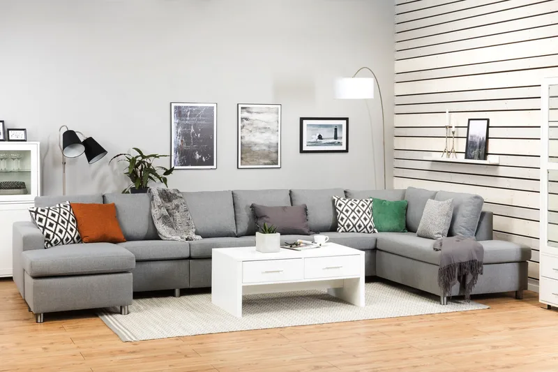 Crazy 6-istuttava Oikeakätinen U-muotoinen XX-Large Sohva Divaanilla ja Divaanituolilla Kankaalla - Harmaa - Huonekalut - Sohva - U-Sohva