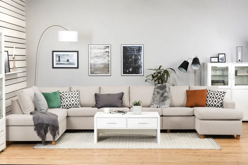 Crazy 6-istuttava Vasenkätinen U-muotoinen XX-Large Sohva Divaanilla ja Divaanituolilla Kankaalla - Beige - Huonekalut - Sohva - U-Sohva