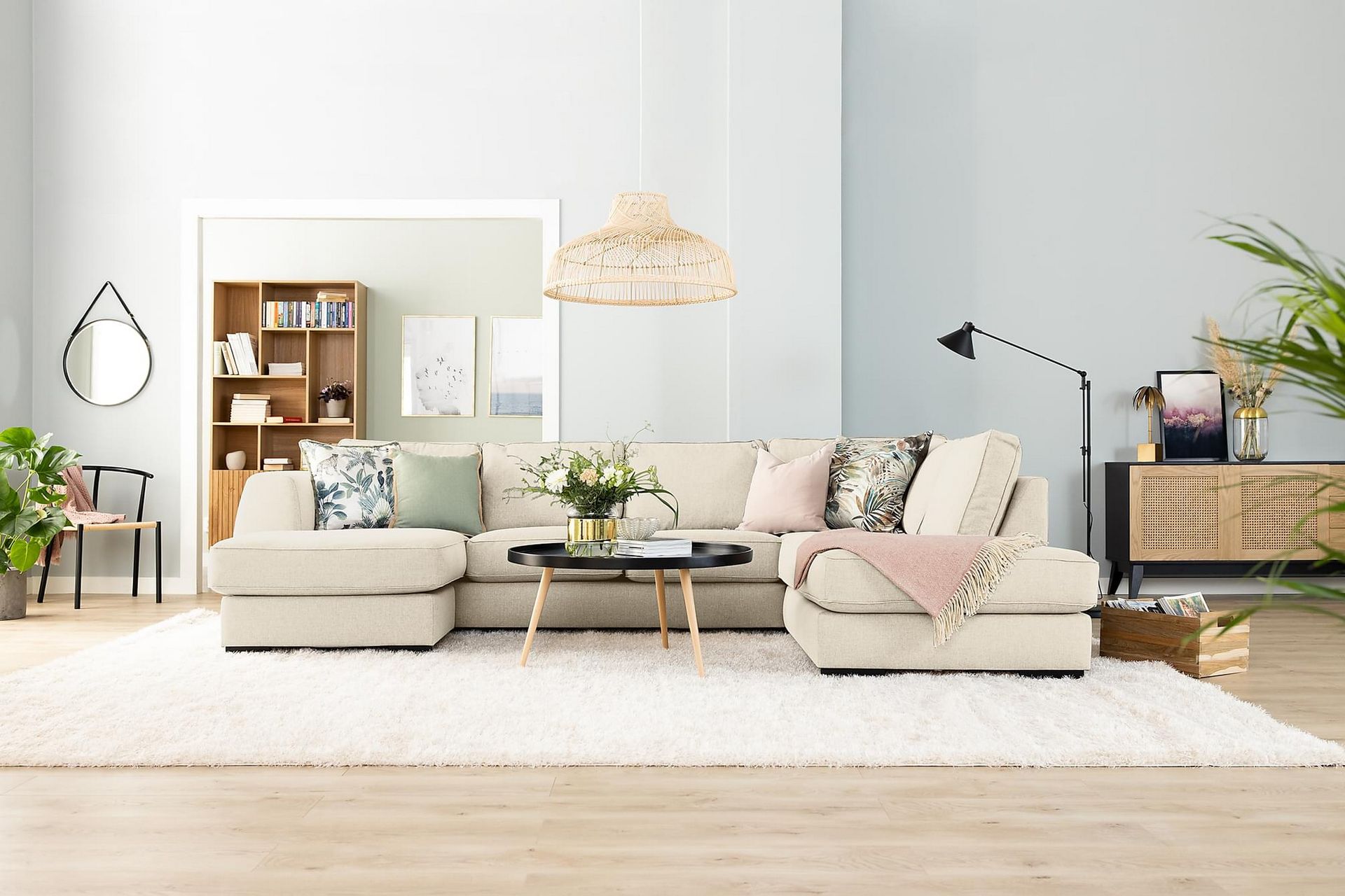 Optus 6-istuttava Oikeakätinen U-muotoinen Large Sohva Divaanilla ja Divaanituolilla Kankaalla - Beige - Huonekalut - Sohva - Divaanisohva