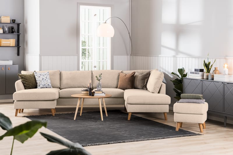 Trend 4-istuttava Oikeakätinen U-muotoinen Sohva Divaanilla ja Leponurkkauksella Kankaasta - Beige - Huonekalut - Sohva - U-Sohva