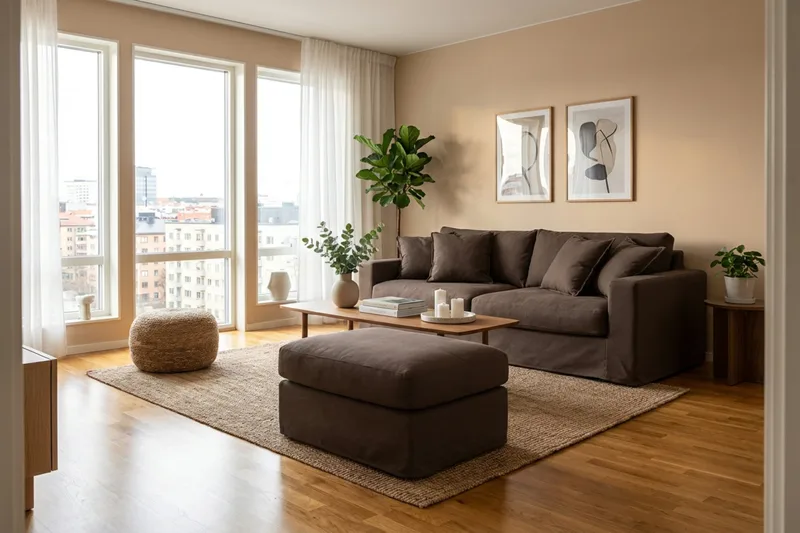 Valencia Extra Deep 3-istuttava sohva + jalkarahi irrotettavalla ja pestävällä verhoilulla - Tummanruskea - Huonekalut - Sohva