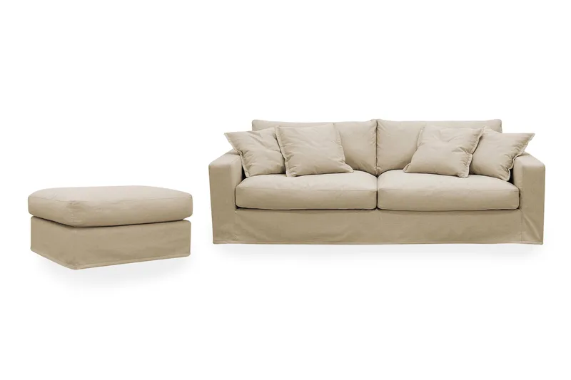 Valencia Extra Deep 3-istuttava sohva + jalkarahi irrotettavalla ja pestävällä verhoilulla, Beige