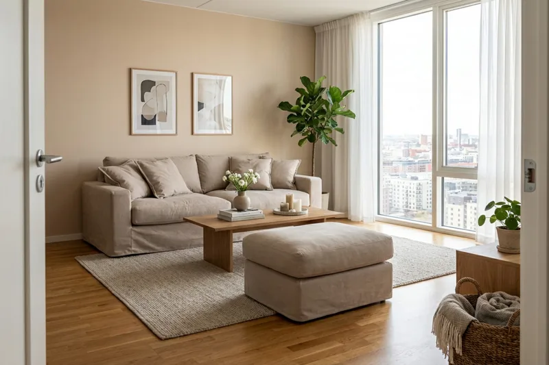 Valencia Extra Deep 3-istuttava sohva + jalkarahi irrotettavalla ja pestävällä verhoilulla - Vaaleanruskea - Huonekalut - Sohva