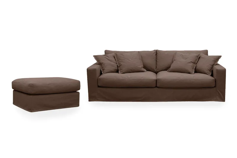 Valencia Extra Deep 3-istuttava sohva + jalkarahi irrotettavalla ja pestävällä verhoilulla, Tummanruskea