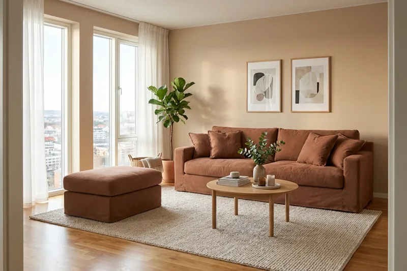 Valencia Extra Deep 3-istuttava sohva + jalkarahi irrotettavalla ja pestävällä verhoilulla - Punaruskea - Huonekalut - Sohva