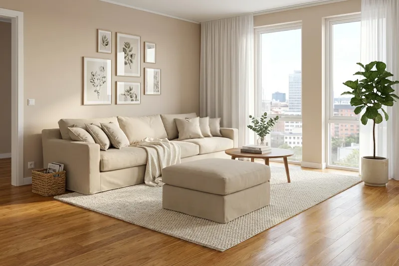 Valencia Extra Deep 5-istuttava sohva + jalkarahi irrotettavalla ja pestävällä verhoilulla - Beige - Huonekalut - Sohva