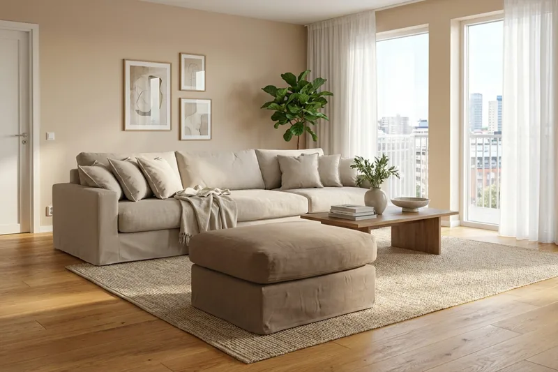 Valencia Extra Deep 5-istuttava sohva + jalkarahi irrotettavalla ja pestävällä verhoilulla - Vaaleanruskea - Huonekalut - Sohva