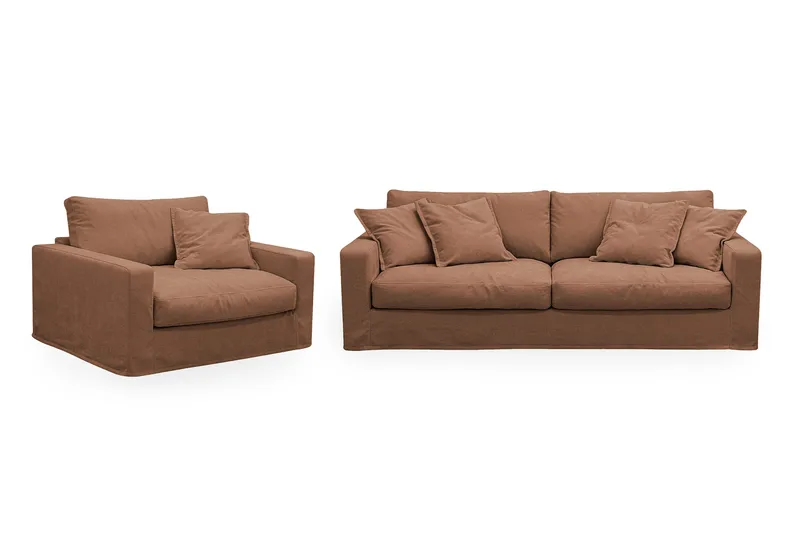 Valencia Extra Syvä 3-istuttava sohva + nojatuoli irrotettavalla ja pestävällä verhoilulla, Punaruskea