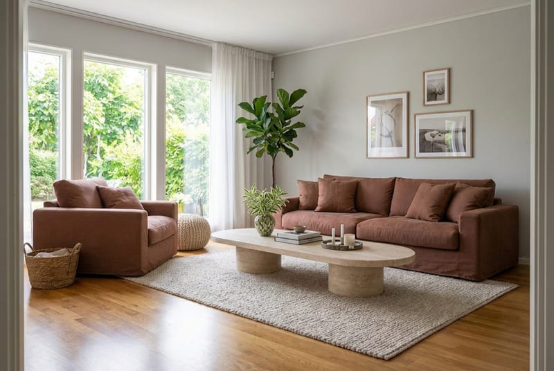 Valencia Extra Syvä 3-istuttava sohva + nojatuoli irrotettavalla ja pestävällä verhoilulla - Punaruskea - Huonekalut - Sohva - Sohvaryhmä