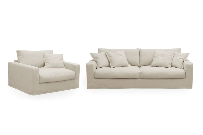 Valencia Extra Syvä 3-istuttava sohva + nojatuoli irrotettavalla ja pestävällä verhoilulla, Beige