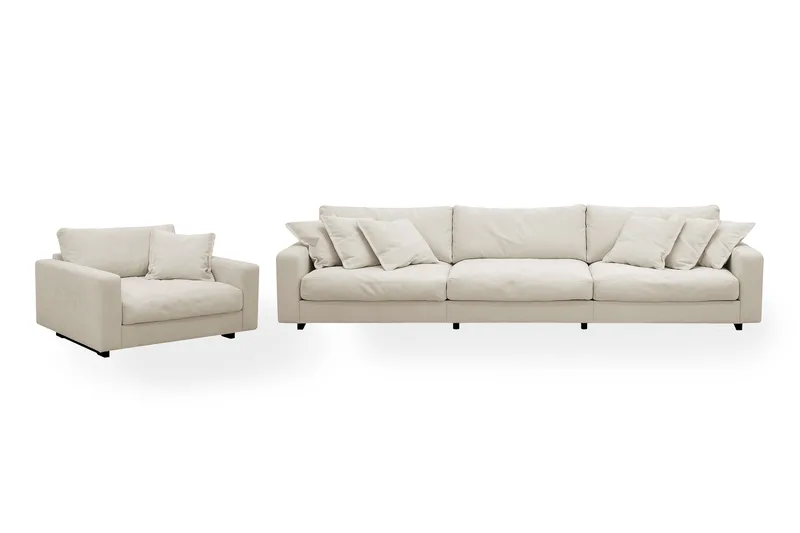 Valencia-sohvaryhmä extra syvä 5-istuttava sohva + nojatuoli chenille-kankaalla, Beige