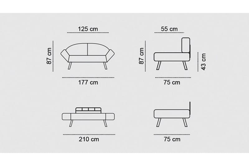 Albertina 2-istuttava vuodesohva 75x210 cm kankaalla - Harmaa - Huonekalut - Sohva - Vuodesohva - 2 istuttava vuodesohva