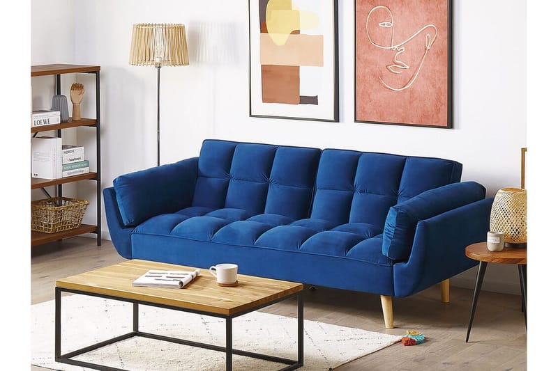 Asaby 3-istuttava suorakulmainen vuodesohva 107x185 cm samettia - Sininen - Huonekalut - Sohva - Vuodesohva - 3 istuttava vuodesohva