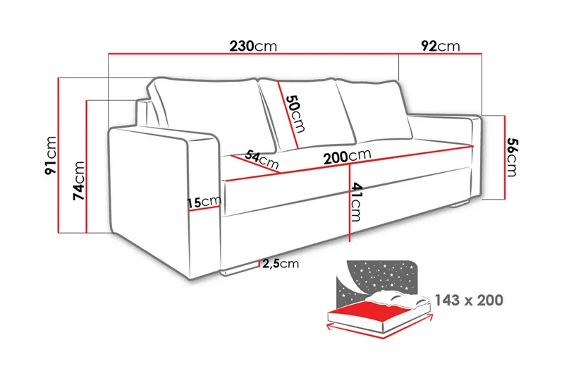Beno Vuodesohva 230x92x91 cm - Huonekalut - Sohva - Vuodesohva - 3 istuttava vuodesohva