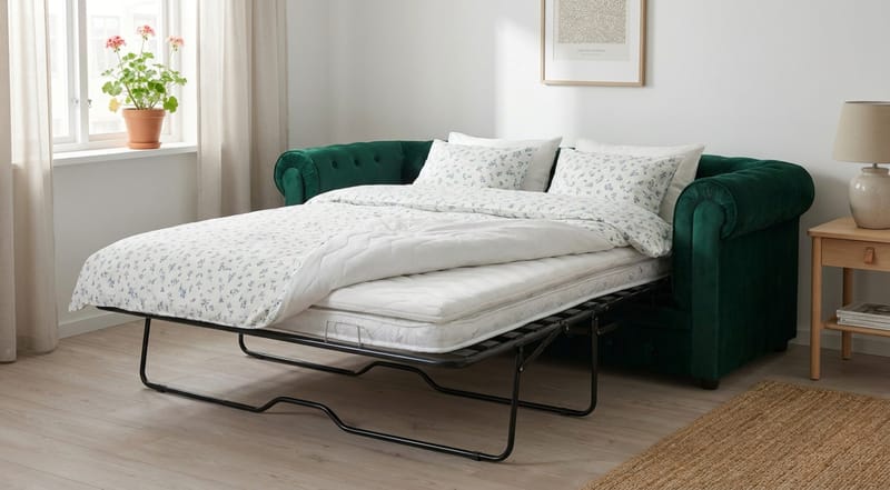 Chesterfield Lyx 3-istuttava eteen avattava vuodesohva HVILA-sijauspatjalla 140x200 cm, polyesterivaahto ja pestävä päällinen - Vihreä - Huonekalut - Sohva - Vuodesohva - 3 istuttava vuodesohva