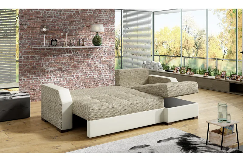 Concetta 3-istuttava oikea vuodesohva 195x125 cm säilytystilalla kangasta - Vaaleanharmaa melange - Huonekalut - Sohva - Vuodesohva - 3 istuttava vuodesohva