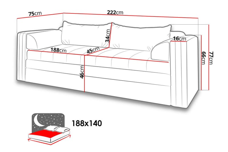 Euforia Sohva 222x75x77 cm - Huonekalut - Sohva - Vuodesohva - 3 istuttava vuodesohva