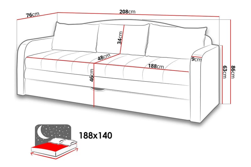Tenus Vuodesohva 208x76x86 cm - Huonekalut - Sohva - Vuodesohva - 3 istuttava vuodesohva