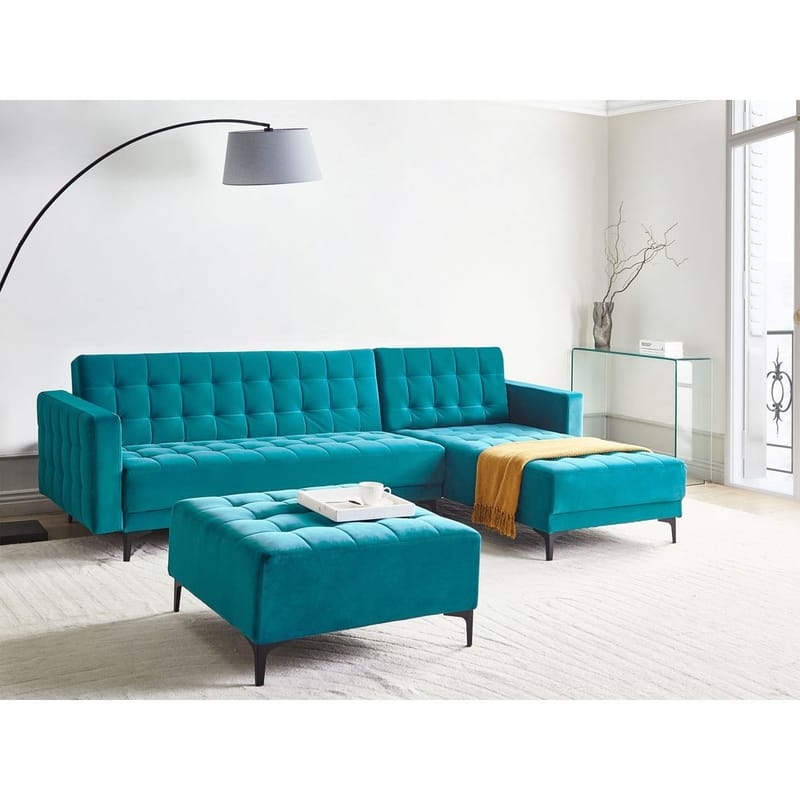4-istuttava Kulmasohva Aberdeen - Merensininen, Musta/Vasenkätinen/Sametti - Huonekalut - Sohva - Vuodesohva