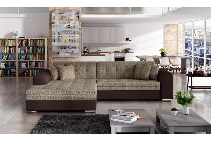 Falseti vasenpuoleinen l-mallinen vuodesohva 126 cm kangasta ja nahkaa, Beige|Ruskea