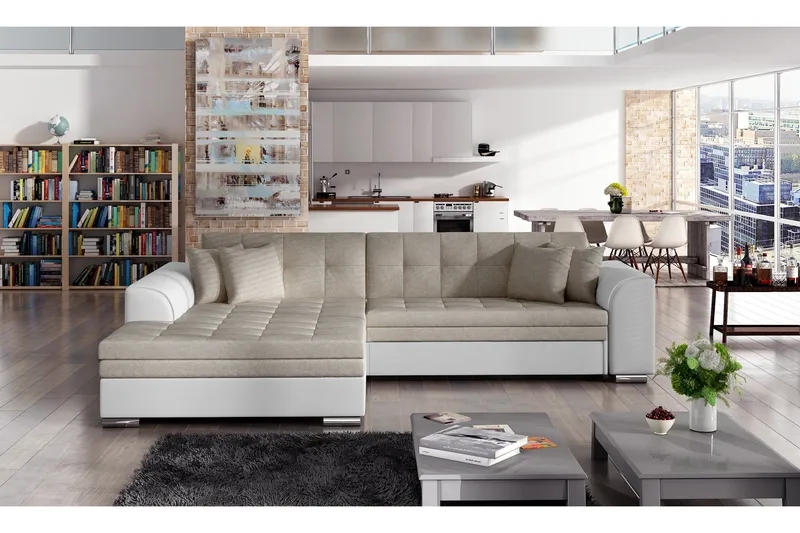 Falseti vasenpuoleinen l-mallinen vuodesohva 126 cm nahkaa, Beige|Valkoinen
