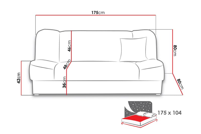 Sohva Gabi 175x80x80 cm - Musta - Vuodesohva - 4 istuttava vuodesohva