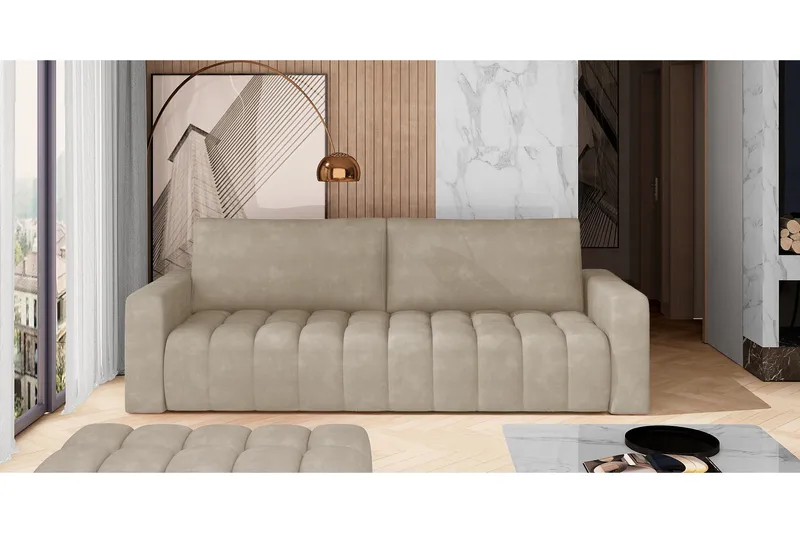 Alazaro 3-istuttava vuodesohva 125x197 cm säilytystilalla kangasta, Hiekanbeige