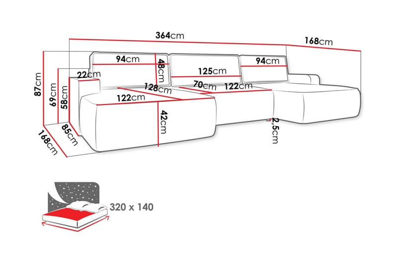 Avignon Vuodedivaanisohva, kaksoisdivaani, 5-istuttava - Harmaa - Huonekalut - Sohva - Vuodesohva