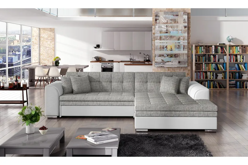 Bäddsoffa Ljusgrå, Vit Högervänd