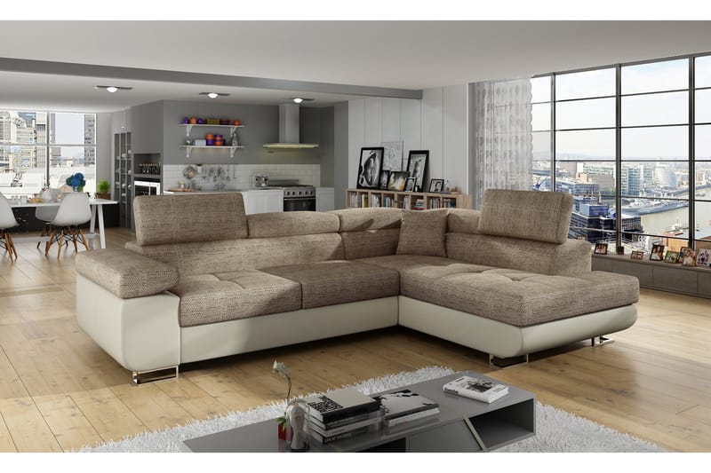 Bobis oikeakätinen l-mallinen vuodesohva 125x193 cm säilytystilalla, kangasta, Beige