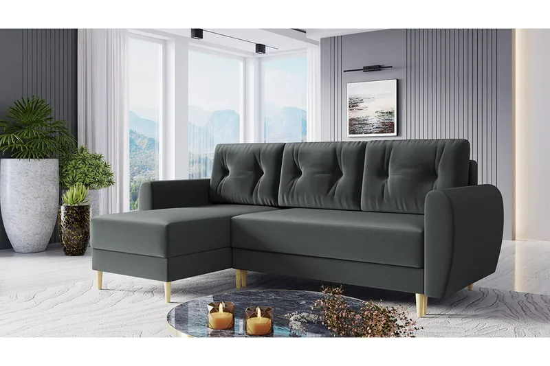 Bornalle 3-istuttava l-muotoinen vuodesohva 130x200 cm säilytystilalla samettia - Harmaa - Huonekalut - Sohva - Vuodesohva